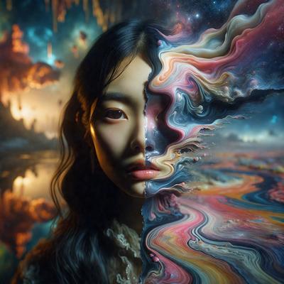 The primary subject of the image is a woman with long hair. She is depicted in two different styles: one as a painting and the other as a digital art. The setting is a space with a backdrop of a starry sky. The visual style is a mix of painting and digital art, creating a unique and artistic representation of the woman. The colors and mood of the image are predominantly dark and moody, with the starry sky adding a sense of depth and mystery to the scene.